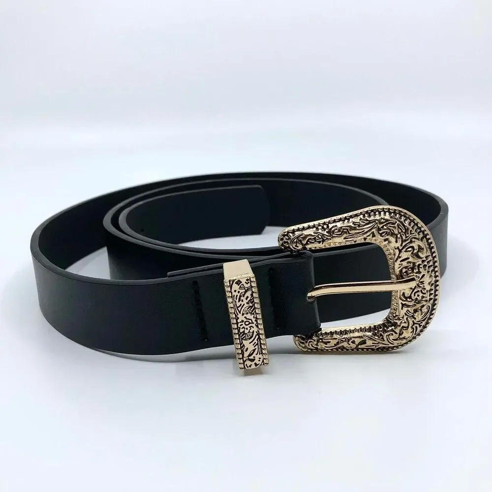 Y2K Coastal Cowgirl Black Gold Ornate Buckle Belt, 36–43.5 Inches, X7GA1136